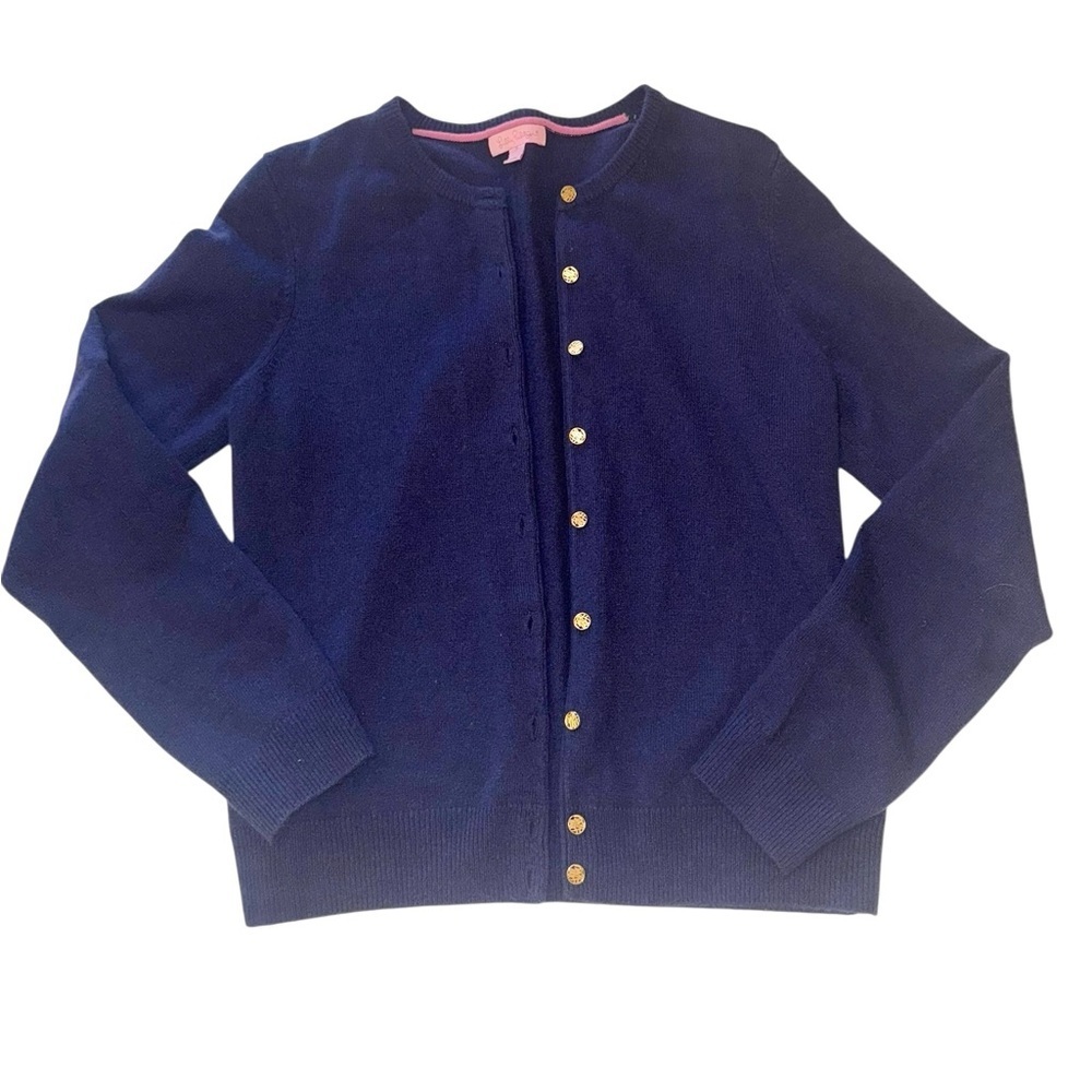 Lilly Pulitzer Navy Cashmere Cardigan – Gold Logo Buttons – Size S